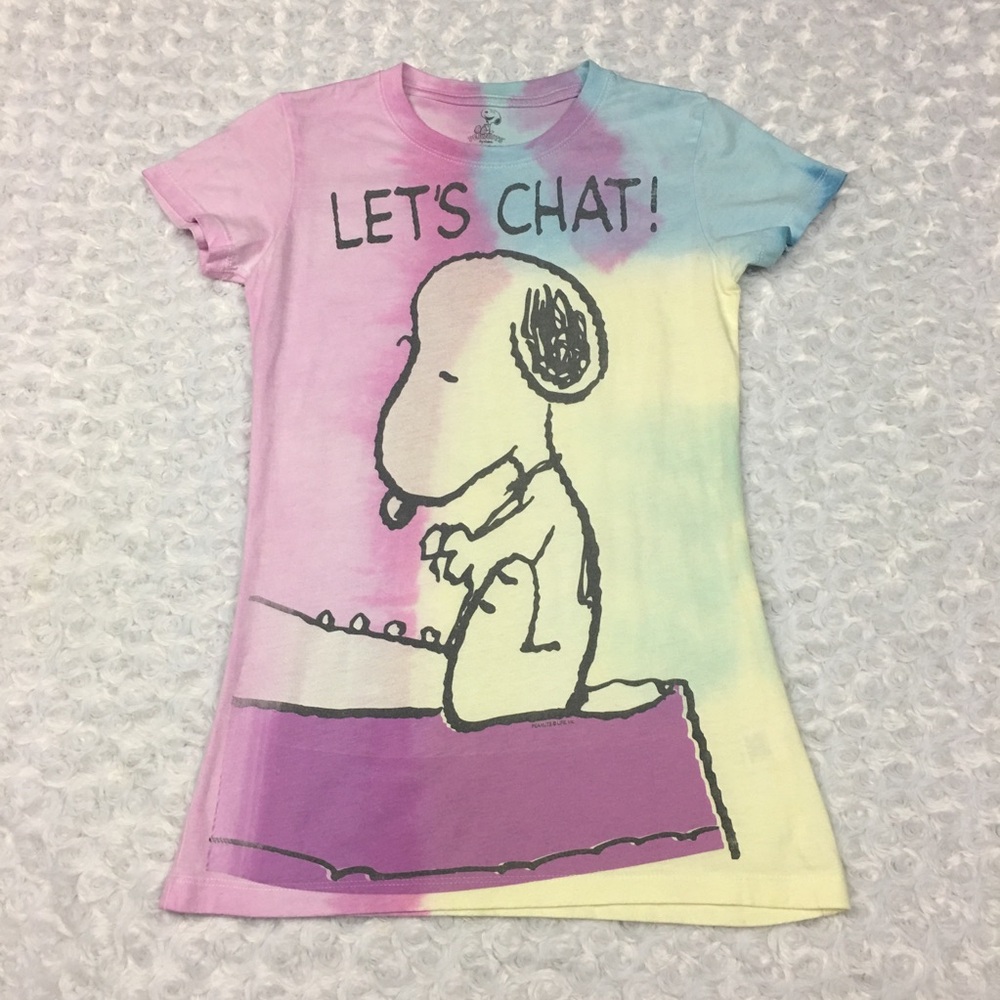 Snoopy Colorful Tyedye‎ Juniors Tshirt Let's Chat!